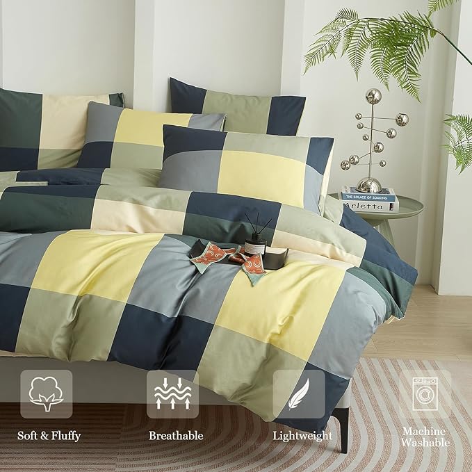 mixinni Checkered Geometric Duvet Cover Set - Full Size, 3-Piece 100% Cotton Bedding Set, Soft & Breathable Plaid Design with Zipper Closure, Reversible Comforter Cover for All Seasons