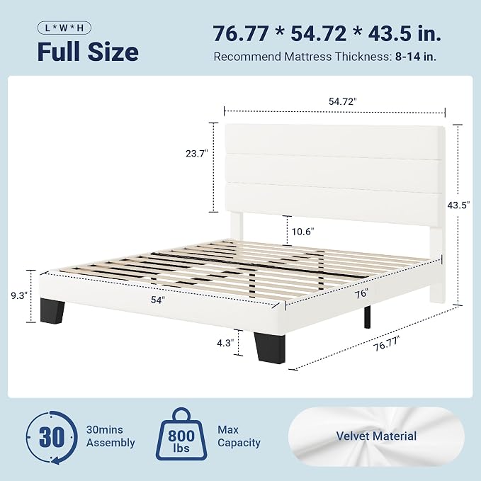 Allewie Full Size Platform Bed Frame with Velvet Upholstered Headboard | Wooden Slats Support, Fully Upholstered Mattress Foundation, No Box Spring Needed, Easy Assembly, Noise-Free, White