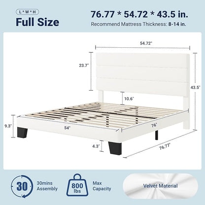 Allewie Full Size Platform Bed Frame with Velvet Upholstered Headboard | Wooden Slats Support, Fully Upholstered Mattress Foundation, No Box Spring Needed, Easy Assembly, Noise-Free, White