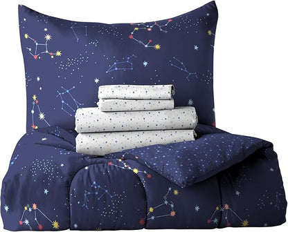 Dream Factory Kids 5-Piece Complete Bed Set Easy-Wash Super Soft Microfiber Comforter Bedding, Twin, Navy Blue Zodiac