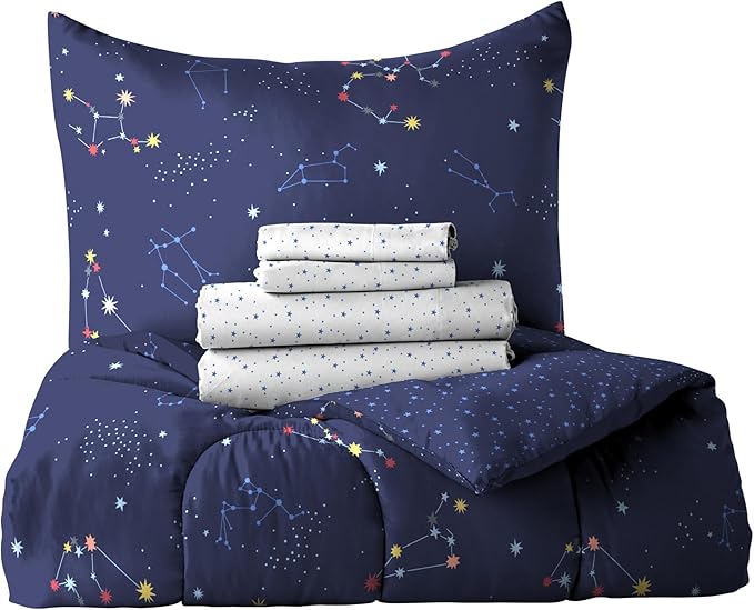 Dream Factory Kids 7-Piece Complete Bed Set Easy-Wash Super Soft Microfiber Comforter Bedding, Full, Navy Blue Zodiac
