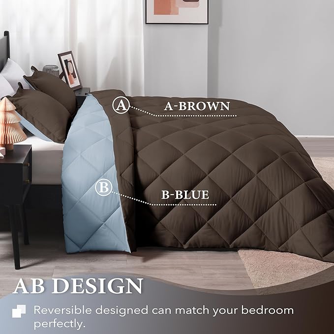 downluxe Twin Comforter Set - Brown and Blue Twin Comforter, Soft Bedding Sets for All Seasons -2 Pieces - 1 Comforter (66"x92") and 1 Pillow Sham(20"x26")