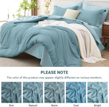 MUXHOMO 7 Pieces Queen Comforter Set, Soft Bed in a Bag Queen Size, All Season Bedding Set with Comforter, Flat Sheet, Fitted Sheet, Pillowcases & Shams, Mineral Blue & Light Blue