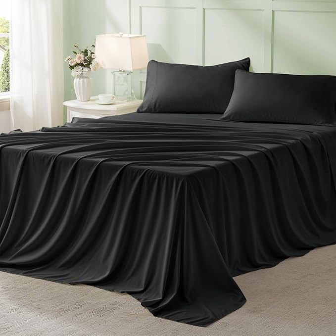 Anluoer Black Queen Comforter Set 7 Pieces, Bed in a Bag with Sheets, All Season Bedding Sets with 1 Comforter, 2 Pillow Shams, 2 Pillowcases, 1 Flat Sheet, 1 Fitted Sheet