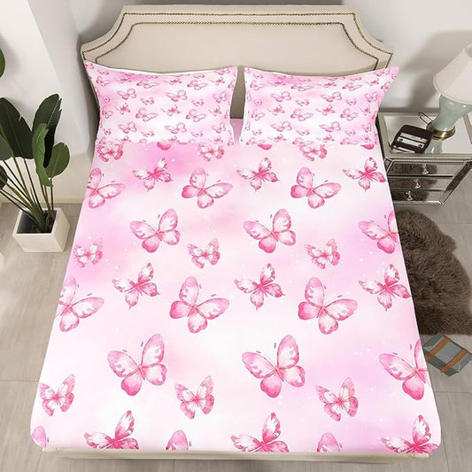 Erosebridal Pink Butterfly Queen Bed Sheets 3D Pink Dreamy Butterfly Fitted Sheet,Colorful Ink Stick Printing Kids Bedding Sets All Season Microfiber Sheets with 2 Pillowcases