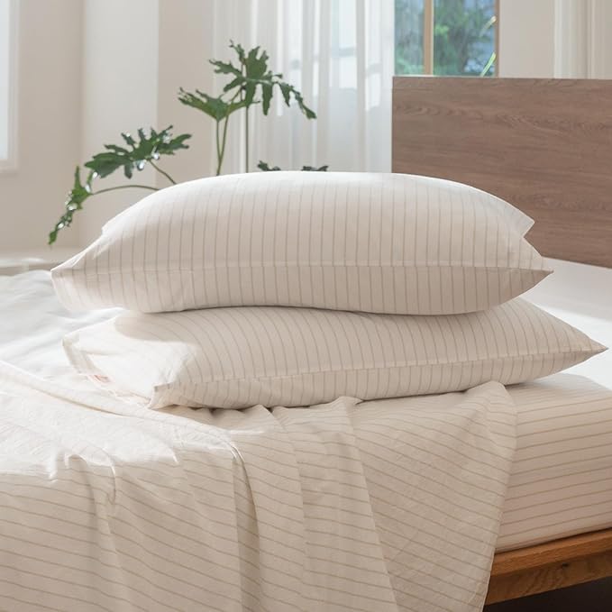 MooMee Striped Duvet Cover Set 100% Washed Cotton Linen Like Textured Breathable Durable Soft Comfy (White Almond Milk Grey Wide Stripes, Oversized Full 82"x86")