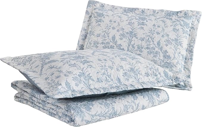 Laura Ashley - Queen Quilt Set, Soft Cotton Bedding with Reversible Design, Medium Weight for Year Round Use, 3 Piece Bed Set with Matching Pillowcases (Amberley Blue)