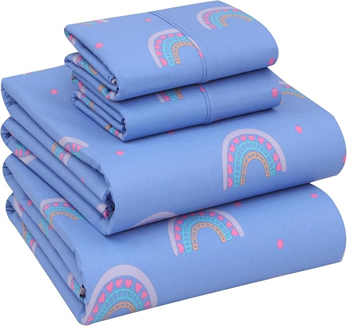 RUVANTI 100% Cotton Sheets – Full Size Percale Bedding, Cooling & Breathable Floral Design, Durable with a Crisp, Soft & Comfortable Feel, 16" Deep Pocket, 4-Piece Set, Baby Rainbow