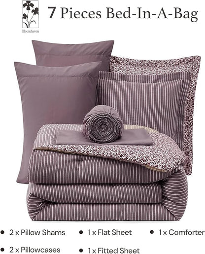 King Comforter Set - 7 Pieces Deep Purple Gauze Muslin Bedding Sets for All Seasons, Lightweight Breathable Bed in a Bag King with Revesible Farmhouse Comforter, Sheets, Pillowcases & Shams