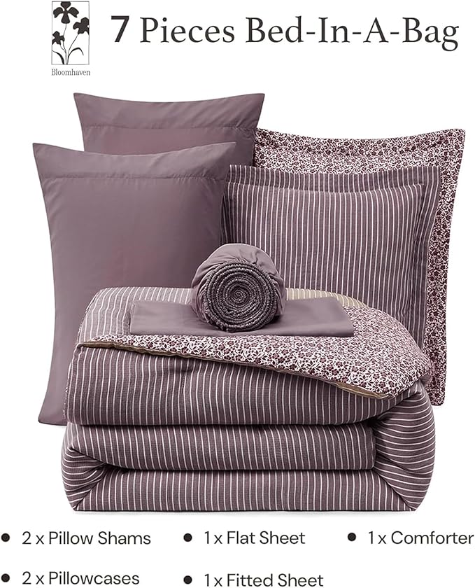 Queen Comforter Set - 7 Pieces Deep Purple Gauze Muslin Bedding Sets for All Seasons, Lightweight Breathable Bed in a Bag Queen with Revesible Farmhouse Comforter, Sheets, Pillowcases & Shams