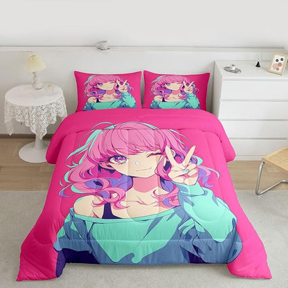 Erosebridal Japanese Anime Bedding 3D Anime Girl Comforter Set, Kawaii Japanese Style Bedding Comforter Sets Cartoon Uniform Girl Duvet Insert for Girls Hot Pink Room Decor, King