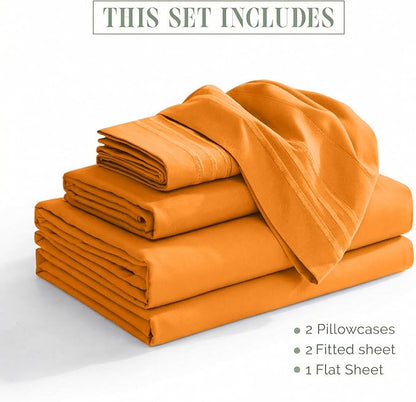 Elegant Comfort Luxurious 1500 Premium Hotel Quality Microfiber Three Line Embroidered Softest 5-Piece Bed Sheet Set, Wrinkle and Fade Resistant, Split King, Orange