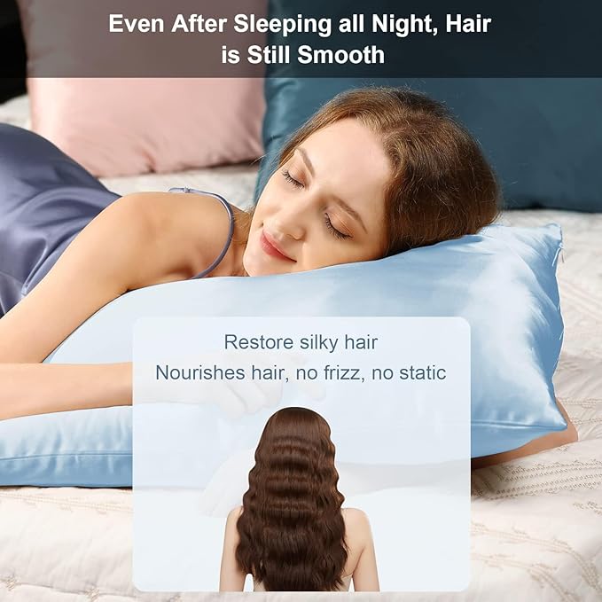 Silk Pillowcase for Hair and Skin with Hidden Zipper, Ravmix Both Sides 21Momme Mulberry Silk Cooling Pillow Case Standard Size 20×26inches, 1PCS, Light Blue