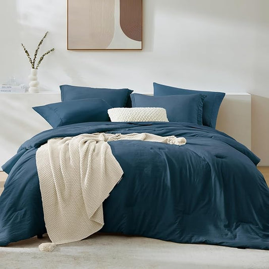 WRENSONGE Full Size Comforter Sets, 7 Pieces Serenity Blue Bed in a Bag with Fitted Sheet, Flat Sheet, 2 Pillow Shams, 2 Pillowcases, Warm Bedding Sets for All Season
