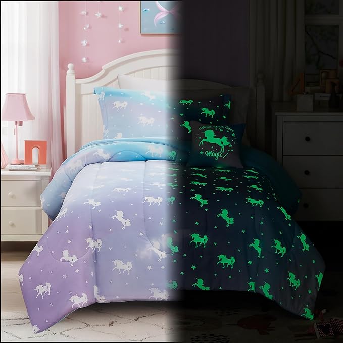 Twin Comforter Set for Girls-3 Pieces Unicorn Glow in the Dark Twin Bedding Sets for Kids,1 Comforter,1 Sham and 1 Decor Pillow