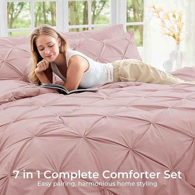Sasttie King Size Comforter Set, 7-Piece Bed in a Bag, Pintuck Bedding Set for All Season, Includes Comforter, Flat Sheet, Fitted Sheet, Pillowcases and Pillowshams, Rose Gold
