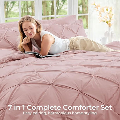 Sasttie King Size Comforter Set, 7-Piece Bed in a Bag, Pintuck Bedding Set for All Season, Includes Comforter, Flat Sheet, Fitted Sheet, Pillowcases and Pillowshams, Rose Gold