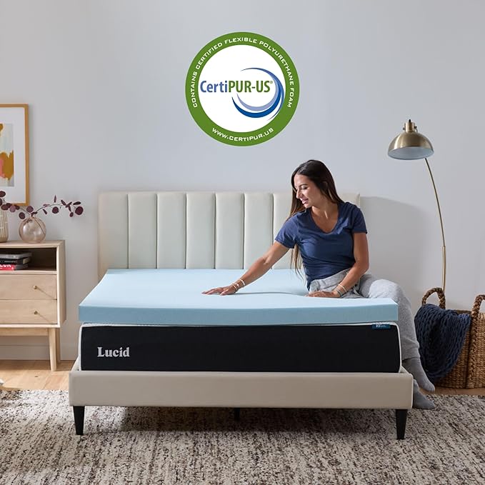 Lucid 3 Inch Memory Foam Mattress Topper, Queen Size – Cooling Gel Bed Topper – Preassure-Relieving Deep Plush Feel – Ventilated Breathable Design – CertiPur Certified - Dorm Room Essentials