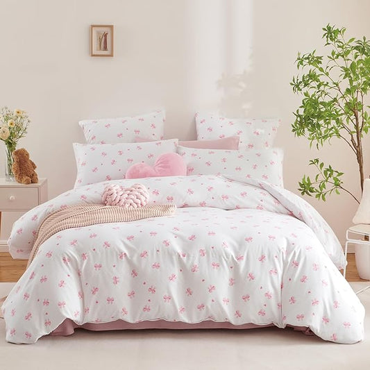 Nayoroom Pink Bow Comforter Set Twin Size Heart Bowknot Printed Cute Comforter 2 Pieces Soft Lightweight Kids Girls Dorm Bedding Set for All Seasons