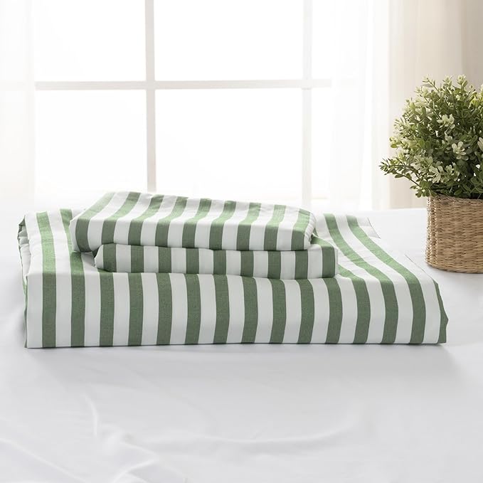 ROSE&RISY King Duvet Cover Set, 3 Pieces Soft Bedding Set, Breathable and Cooling,Includes 1 Duvet Cover, 2 Pillow Cases (Green Stripe, King)