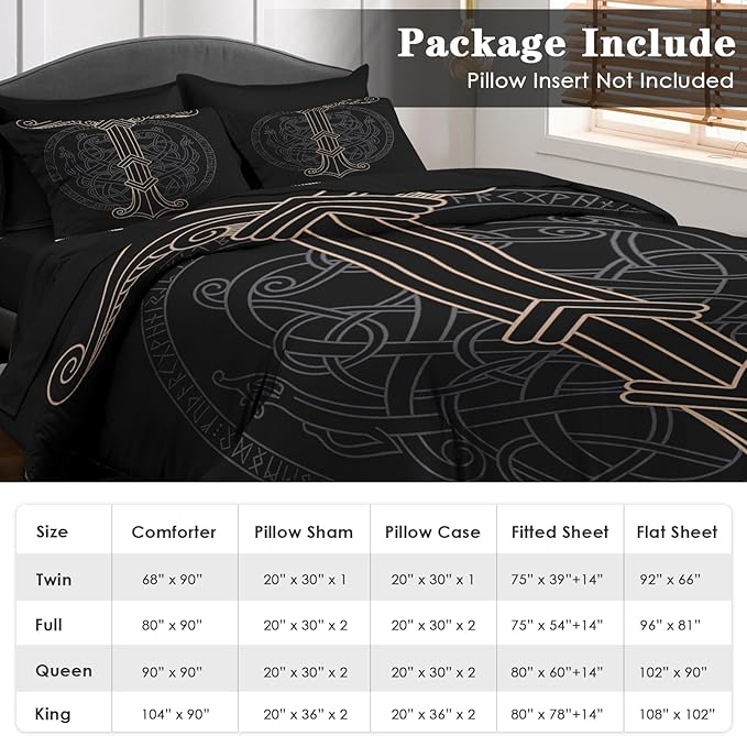Comforter Set Full Size, Viking Norse 7 Pcs Bedding for Kids and Adults, Dragon Medieval Gothic Bed Sheet Sets with Fitted Sheet 2 Pillowcases & 2 Shams for Bedroom Bed Decor