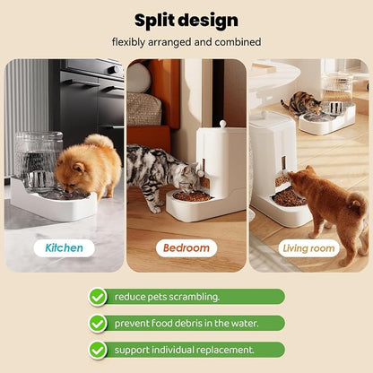 Automatic Cat Feeder Water Dispenser Set with Stainless Steel Bowls | Dog Water Bowl Dispenser Adjustable Water Dispensing, Auto Pet Waterer for Cats and Dogs