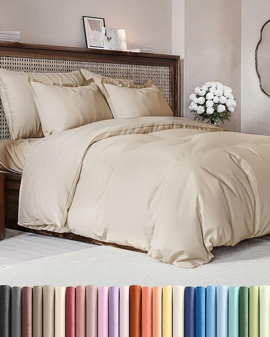 Duvet Cover Queen Size Set - Extra Soft Queen Duvet Cover 90" x 90" with 2 Pillow Shams - Hotel Luxury, Easy Care and Fade Free w/ Zipper Closures & Ties - All Season, Comfy, Cozy & Breathable (Wheat)