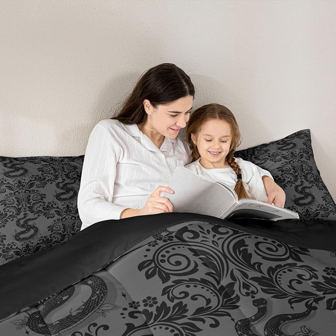 Feelyou Adults Gothic Bedding Set Soft for Boys Girls, Dark Olive Green Damask Comforter Set Toddler Size Snake Duvet Quilt Microfiber Bedroom Decor 2 Pcs with 1 Pillow Cases