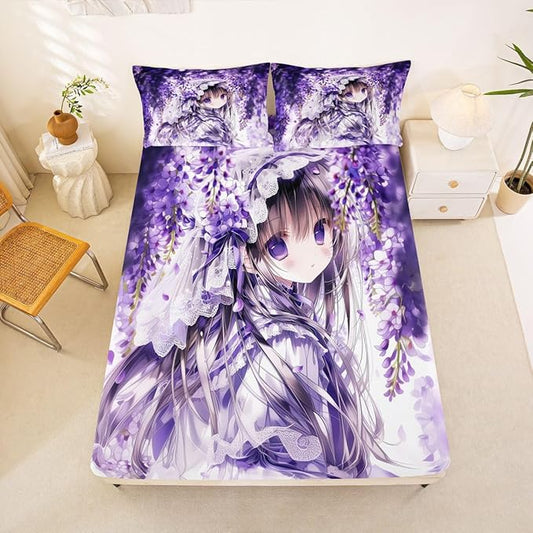 Erosebridal Lilac Flower Girl Fitted Sheet for Boys Girls Kids Purple Spring Floral Queen Bed Sheets,Anime Girl Sheets Cartoon Anime Gift Bedding Sets, No Top Sheet