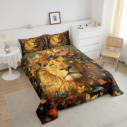 Castle Fairy Wild Lion Bedding Set King Size Spring Flowers Comforter for Child Toddler Teens African Lion Animal Down Comforter Watercolor Butterfly Duvet Insert Bedroom Decor with 2 Pillowcases