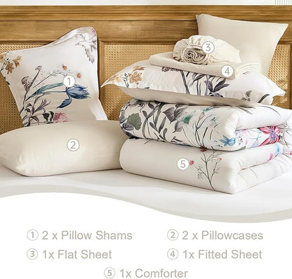 WONGS BEDDING Floral Comforter Set King, 7 Piece Beige Bed in a Bag Bedding Set with Botanical Flowers Patterns, Soft Lightweight Complete Comforters with Sheets for All Season