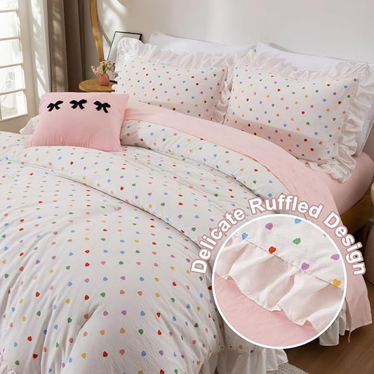 A Nice Night Colorful Heart Love Pattern Bedding Set,Ruffle 6 Piece Bed in a Bag Matching Sheet Set,Princess Chic Style,White Comforter Sets Room Decor for Girls,Twin