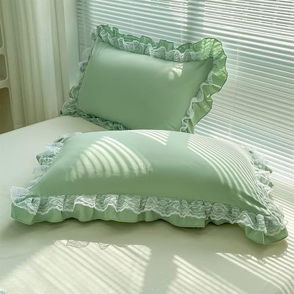 MOOWOO Chic Ruffle Lace Polyester Duvet Cover Set -Girl Green Bedding-3 Piece Full Duvet Cover with Zipper Closure -Ultra Soft and Light Weight