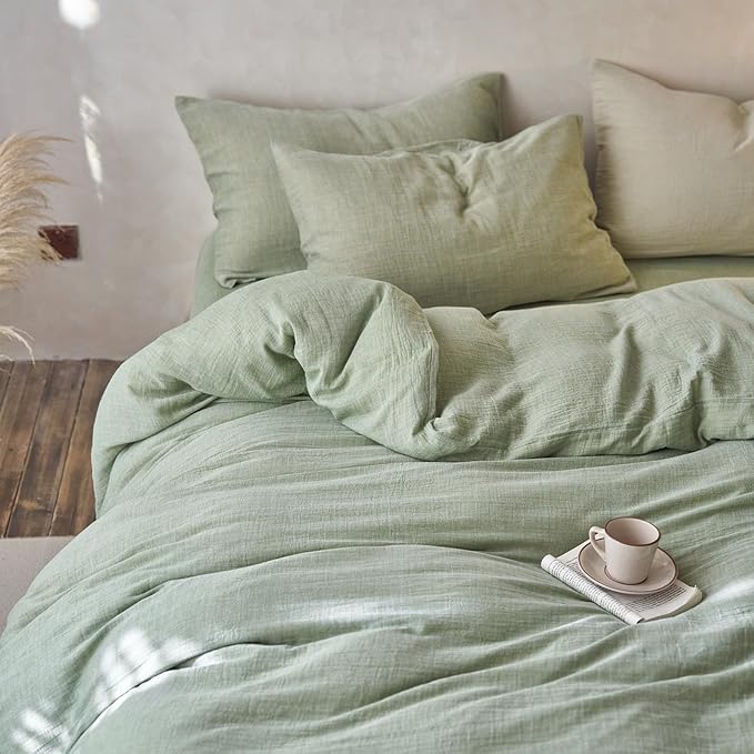 EAVD Solid Mint Green Duvet Cover Queen Soft Breathable 100% Cotton Muslin Linen Like Gauze Comforter Cover with 2 Pillowcases Modern Simple Mint Green Comforter Cover with Zipper Closure