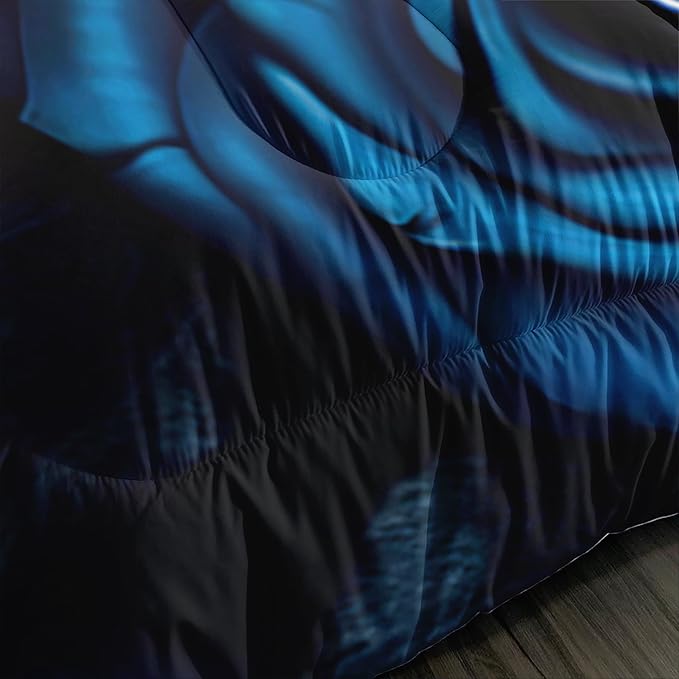 Gothic Queen Size Bedding Set - Skull & Rose Comforter, Black & Blue Quilt
