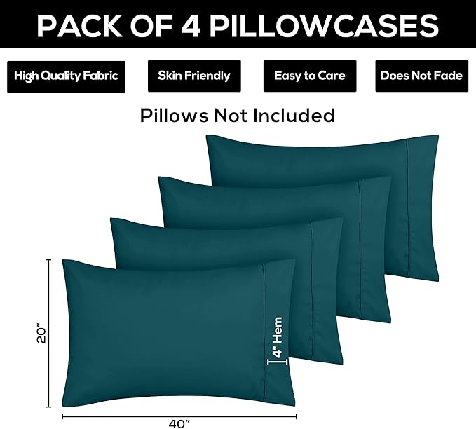 Utopia Bedding King Pillow Cases - 4 Pack - Envelope Closure - Soft Brushed Microfiber Fabric - Shrinkage and Fade Resistant Pillow Covers King Size 20 X 40 Inches (King, Teal)