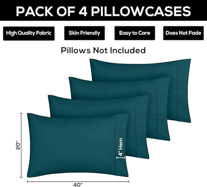 Utopia Bedding King Pillow Cases - 4 Pack - Envelope Closure - Soft Brushed Microfiber Fabric - Shrinkage and Fade Resistant Pillow Covers King Size 20 X 40 Inches (King, Teal)