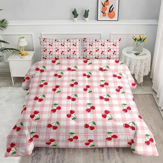 Red Cherry Gingham Bedding Queen Size,Cute Cherry Fruit Comforter Set for Kids Girls Women,3Pcs Pink Grid with Summer Fruit Bedding for Girls,Kawaii Plaid Quilt 1 Comforter 2 Pillowcases