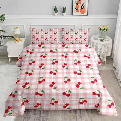 Red Cherry Gingham Bedding Twin Size,Cute Cherry Fruit Comforter Set for Kids Girls Women,3Pcs Pink Grid with Summer Fruit Bedding for Girls,Kawaii Plaid Quilt 1 Comforter 2 Pillowcases
