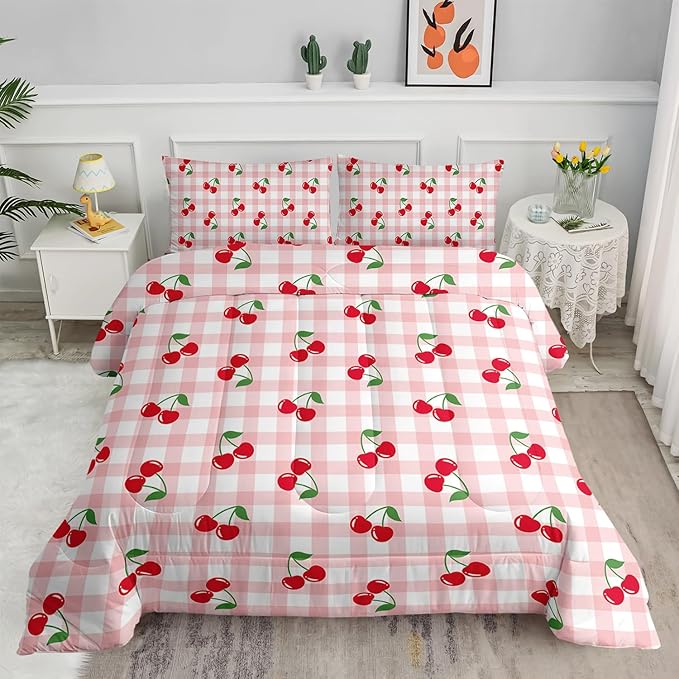 Red Cherry Gingham Bedding Full Size,Cute Cherry Fruit Comforter Set for Kids Girls Women,3Pcs Pink Grid with Summer Fruit Bedding for Girls,Kawaii Plaid Quilt 1 Comforter 2 Pillowcases