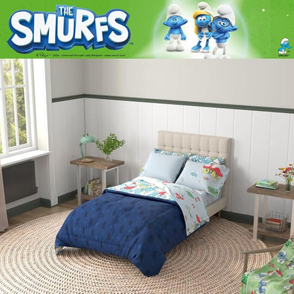 The Smurfs Kids Bedding Super Soft & Cozy Reverisble Microfiber Comforter and Sheet Set with Sham, 5 Piece Twin Size, (Officially Licensed Product) By Franco