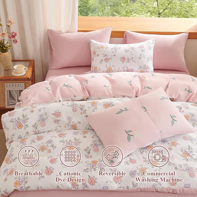 Floral Comforter Set Twin Size - 2 Pieces Pink White Floral Comforter Bedding Sets Reversible Pattern,Twin Bed in a Bag with Flowers Comforter and 1 Pillowcase