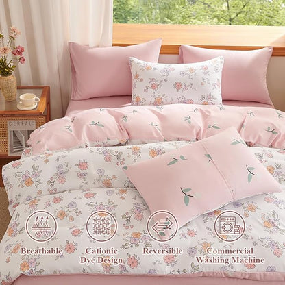 Floral Comforter Set Queen Size - 3 Pieces Pink White Floral Comforter Bedding Sets Reversible Pattern,Queen Bed in a Bag with Flowers Comforter and 2 Pillowcases