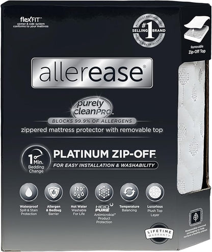 AllerEase Platinum Zip-Off Top Waterproof Mattress Protector King 360 Degree Zipper Particle Barrier Temperature Balancing Luxurious Plush Top Separately Machine Washable Mattress Cover (White)