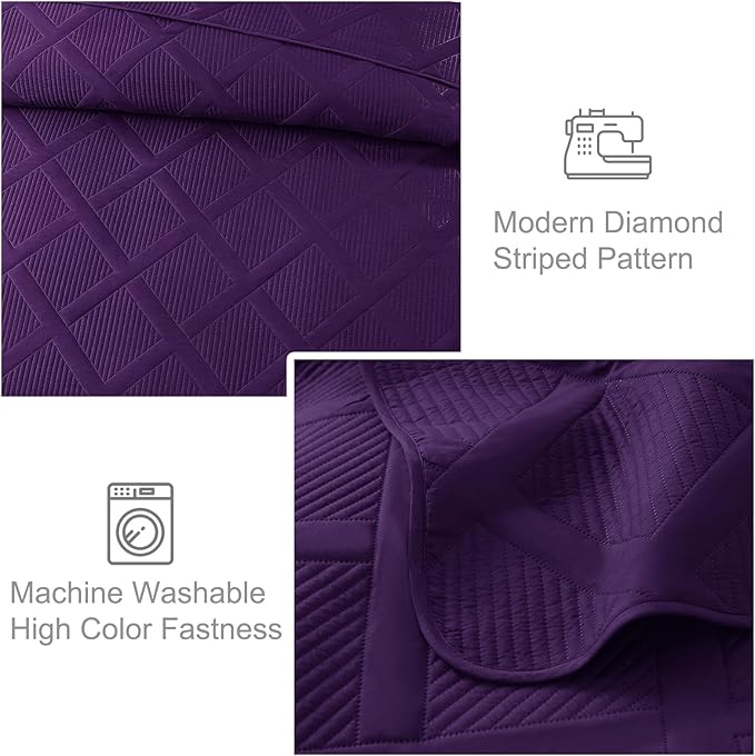 Exclusivo Mezcla Twin Size Quilt Set - Deep Purple Quilts Bedding Set with 2 Pillow Shams, Modern Bedspread with Striped Pattern, Soft Lightweight Bedspreads Coverlets for All Seasons