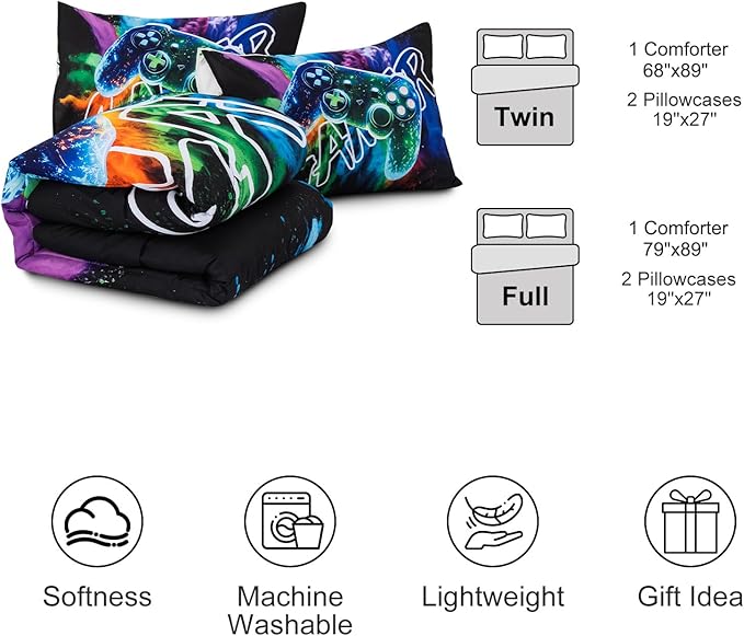 Aimuan Gamer Gaming Bedding Sets 3D Gamepad Comforter Sets for Boys Games Console Action Buttons Novelty Colorful Game Controller Modern Room Decor Home Quilt Set (Black-Green, Twin)