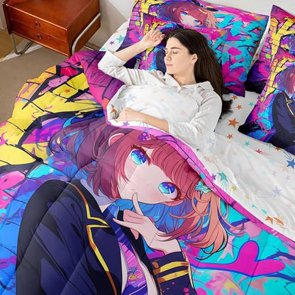 Erosebridal 7 Piece Girls Japanese Anime Comforter Set Full, Kawaii Anime Girl Bedding Sets Cartoon Girl Sheet Set for Kids Teens Adult Room Decor,Japanese Animation Sci Fi Style Bed in A Bag