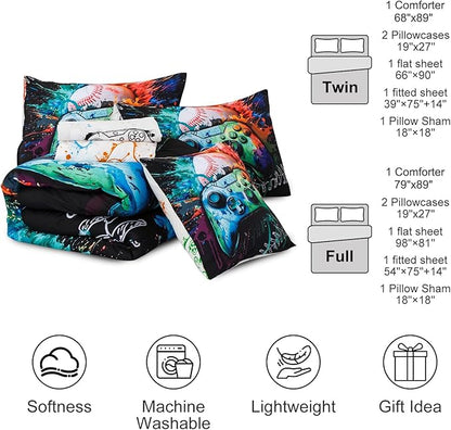 Aimuan Gamer Gaming Bedding Sets 3D Gamepad Comforter Sets for Boys Games Console Action Buttons Novelty Colorful Game Controller Modern Room Decor Home Quilt Set (Green, Twin 6Pcs)