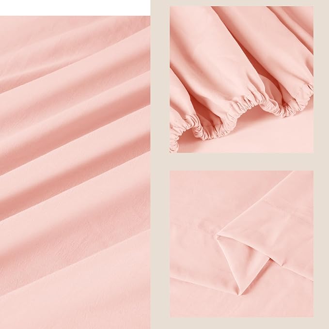 ROSE&RISY Pink Sheets Queen Sheet Set, Pre-Washed Cotton-Like Brushed Microfiber, 4 Pcs Super Soft Breathable Cooling Bed Sets,Includes 1 Fitted, 1 Flat, 2 Pillowcases (Pink, Queen)