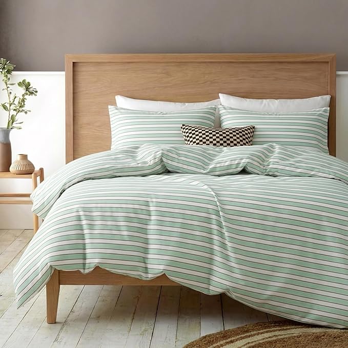 Bedbay Sage Green Striped Duvet Cover Set King Size, 100% Cotton Sateen Bedding Set, Silky Soft Breathable 3 Piece Farmhouse Minimalist Bedding for All Seasons